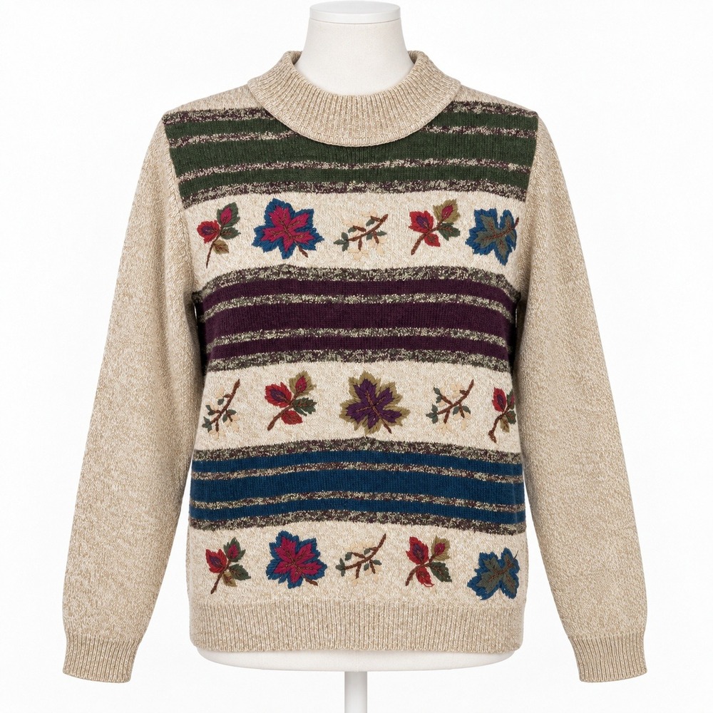 Vintage 90s Embroidered Fall Leaf Mock Neck Sweater M Petite Cottagecore Granny